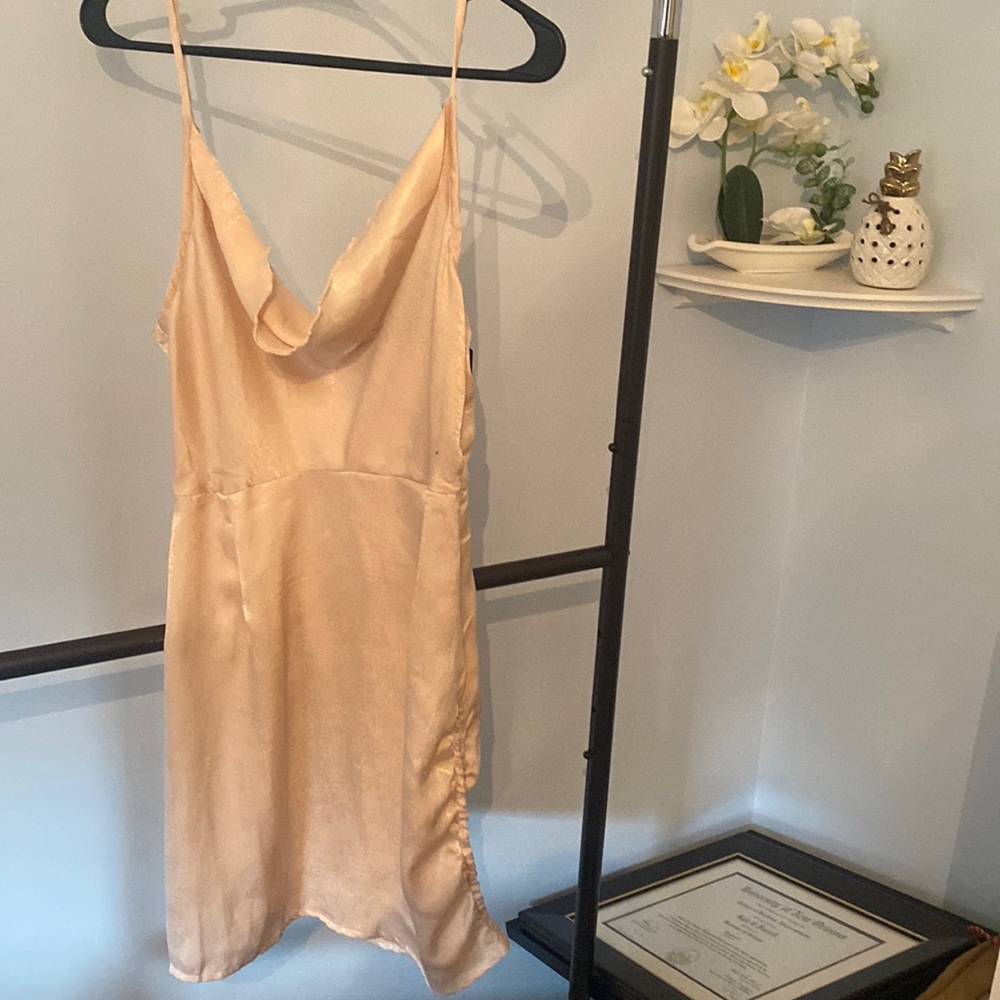 Light pink satin cowl neck dress with side slit